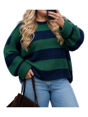 Plus Size Oversized Striped Long Sleeve Sweater Pullover Crew Neck